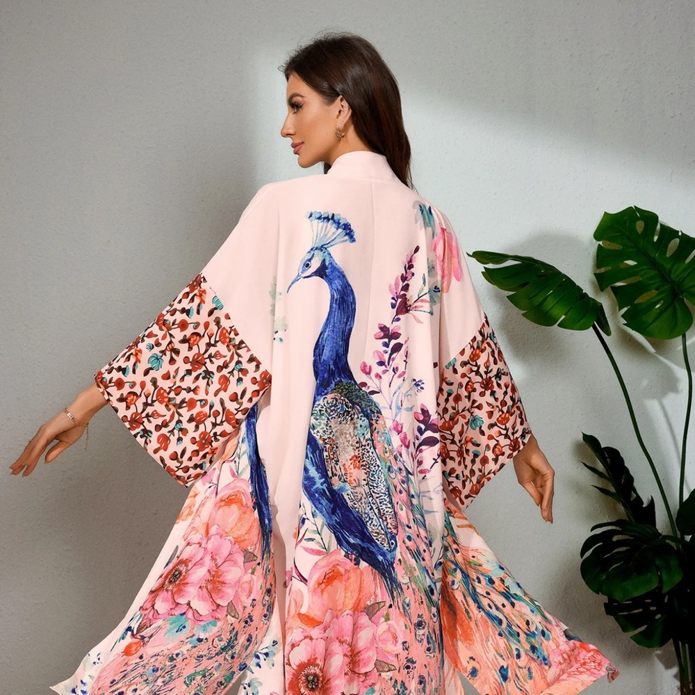 Vibrant Peacock and Floral Kimono - Picture 6 of 6